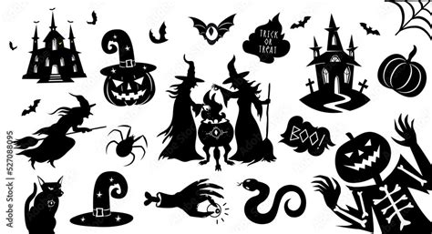 Vektorová grafika „Set of black Halloween silhouettes. Collection of Halloween themed items in ...