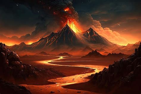 Premium Photo | Mordor land with view of fiery volcano in the distance