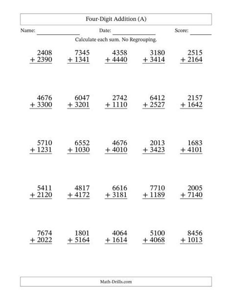 4-Digit Plus 4-Digit Addition with NO Regrouping (A)