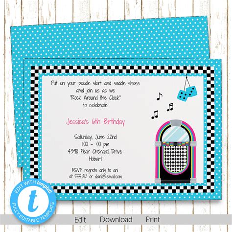 Sock Hop Invitation 50's Sock Hop Birthday Printable