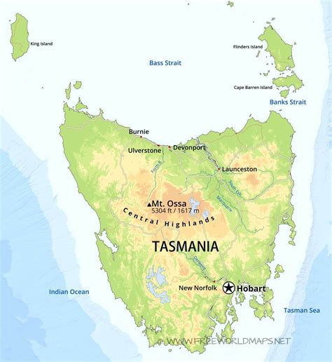 Physical map of Tasmania, Australia