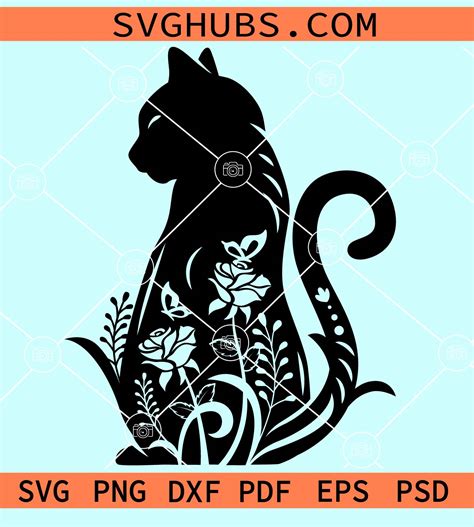 Floral Cat Silhouette Svg Floral Cat Silhouette Clipart Svg Floral ...