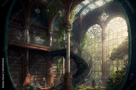 Ancient and abandoned fantasy library in old greenhouse cathedral of the old ones Stock ...