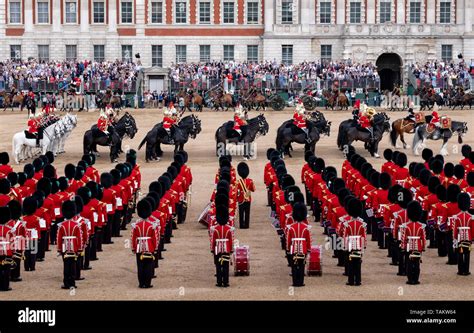 Wide angle view of Trooping the Colour,military parade at Horse Guards ...