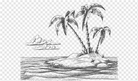 Islet and palm tree illustration, Drawing Beach Sketch, Pencil Island, painted, hand, color ...