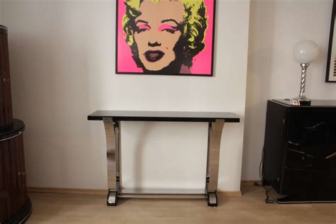 Art Deco Style Black Lacquer and Curved Stainless Steel Console Table ...