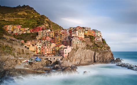 Manarola, Cinque Terre, Italy, houses, buildings, coast, boats, rocks ...