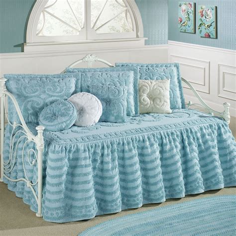 Illusion Pastel Blue Chenille Ruffled Flounce Daybed Set Bedding