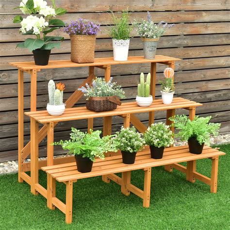 3-Tier Wide Wood Flower Pot Step Ladder Plant Stand - Walmart.com ...