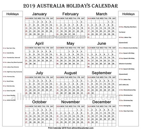 Australia Holiday List 2019 | Holiday list, School holidays, National calendar