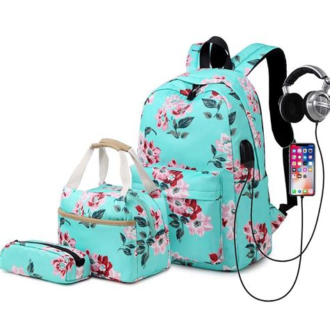 College Backpack Set with USB Charging Port for High School Floral ...