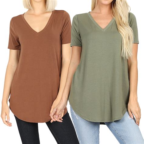 TheLovely - Women Short Sleeve V Neck Round Hem Relaxed Fit Casual Tee Shirt Top (2PK: LT BROWN ...