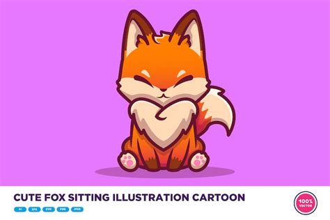 Cute Fox Sitting Illustration Cartoon, Graphics - Envato Elements