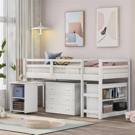 White Twin Loft Bed with Rolling Portable Desk and Cabinet, Pinewood ...