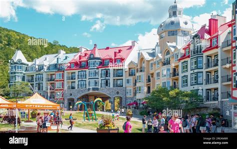 Sightseeing views colorful hotels at Mont Tremblant ski Resort in summer. Ski resort village ...