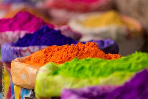 Colorful piles of powdered dyes used for Holi festival in India Stock ...