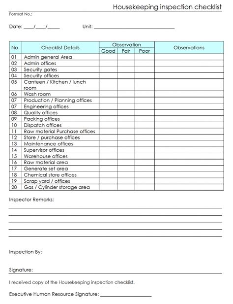 Housekeeping Inspection Checklist Template