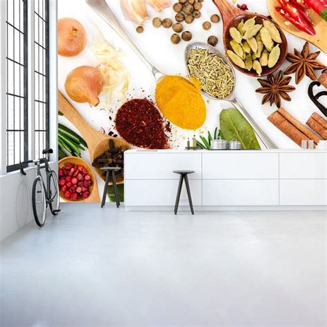 Spices & Spoons Kitchen Wall Mural Wallpaper | Wall murals, Wallpaper ...