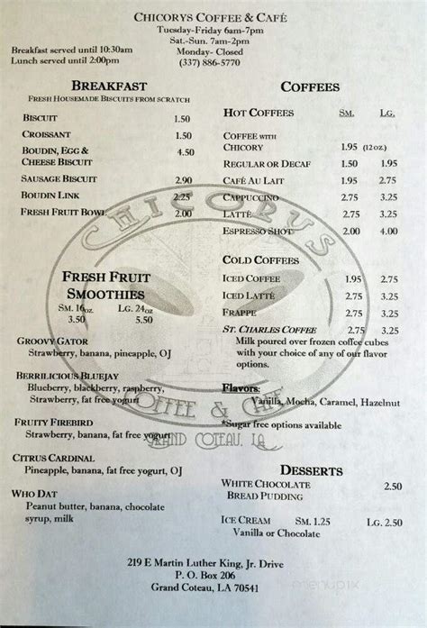 Menu of Chicory's Coffee & Cafe in Grand Coteau, LA 70541