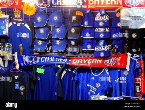 Chelsea merchandise on sale ahead of the UEFA Champions League round of 16 first leg match at ...