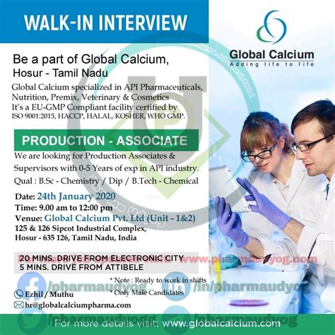 Global calcium | Walk-in for Production on 24 Jan 2020 | Pharma Jobs in Hosur