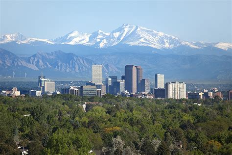 Denver Colorado skyscrapers snowy Longs Peak Rocky Mountains summer ...