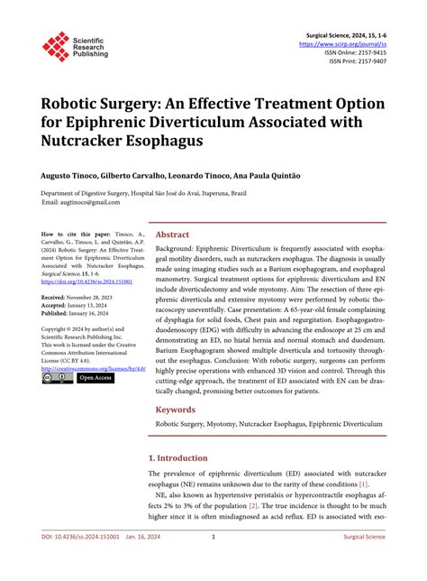 (PDF) Robotic Surgery: An Effective Treatment Option for Epiphrenic Diverticulum Associated with ...