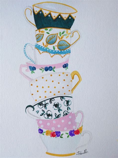 Original Tea Cup Stack Watercolor Painting - teacup painting, kitchen artwork, tea cup painting ...