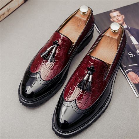 Burgundy Tassels Cleated Sole Mens Loafers Flats Dress Shoes ...