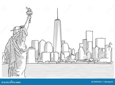 Free Hand Sketch Of New York City Skyline With Statue Of Liberty Stock ...