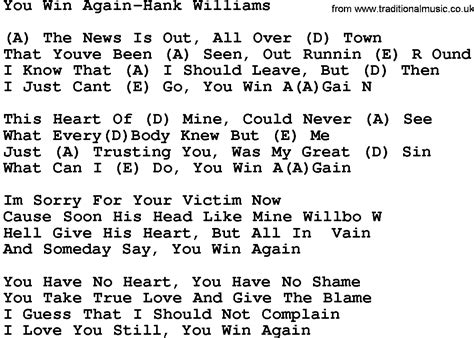 Country Music:You Win Again-Hank Williams Lyrics and Chords