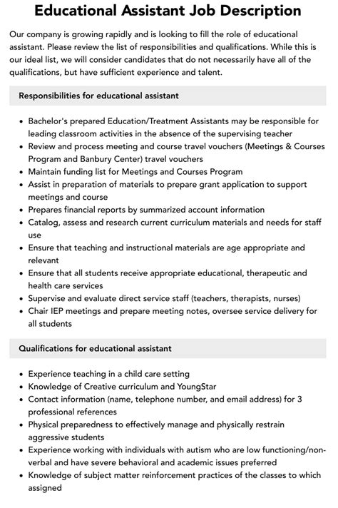 Educational Assistant Job Description | Velvet Jobs