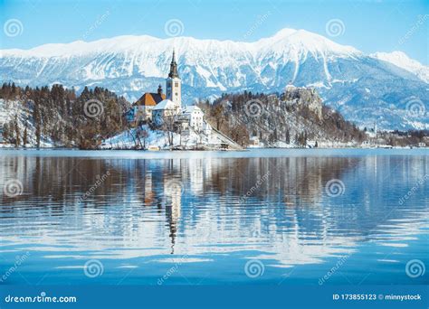 Lake Bled with Bled Island and Castle at Sunrise in Winter, Slovenia Stock Image - Image of city ...