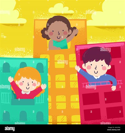 Illustration of Kids Waving from the Inside of the Buildings Showing ...