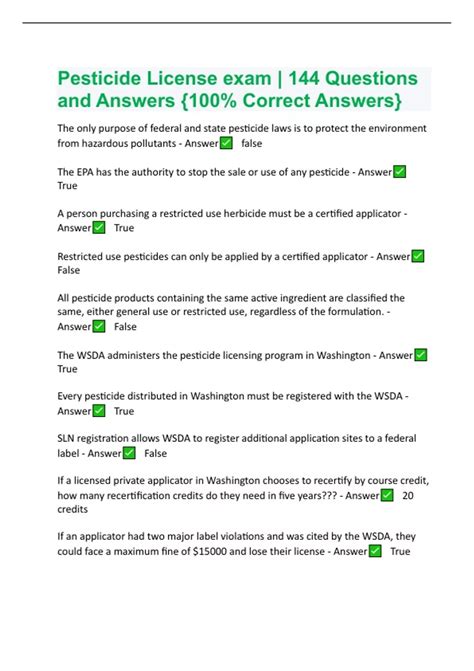 Pesticide License exam | 144 Questions and Answers {100% Correct Answers} - Pesticide Applicator ...