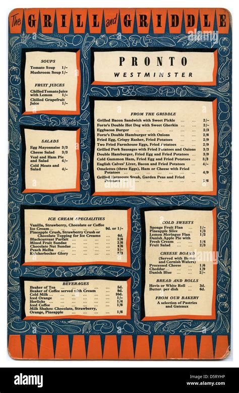 MENU 1970’s British Food choices variety Pronto Restaurant cafe UK £.s.d. Pre-decimalisation ...