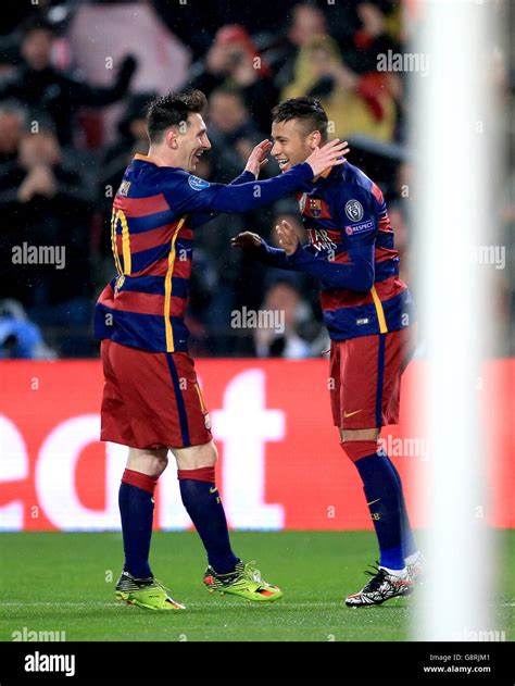 Barcelonas lionel messi left and neymar celebrate a goal hi-res stock ...