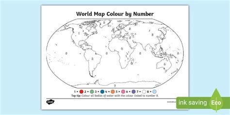 World Map Colour-by-Number Activity | Geography | Twinkl KS1