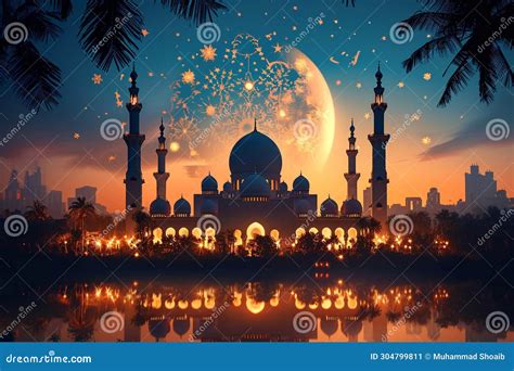 Sacred Night View of a Mosque Against a Beautiful Night Sky Stock Illustration - Illustration of ...