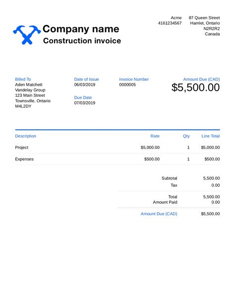 Free Construction Invoice Template. Customize and Send in 90 Seconds