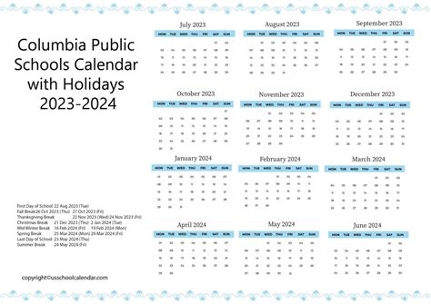 Columbia Public Schools Calendar with Holidays 2023-2024