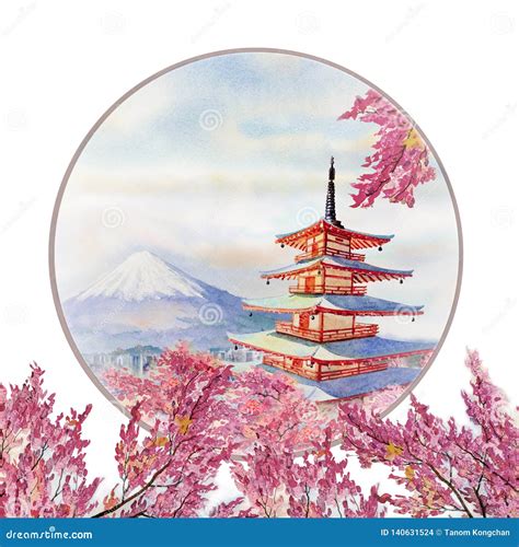 Watercolor Painting Spring with Landmarks in Japan Stock Illustration ...