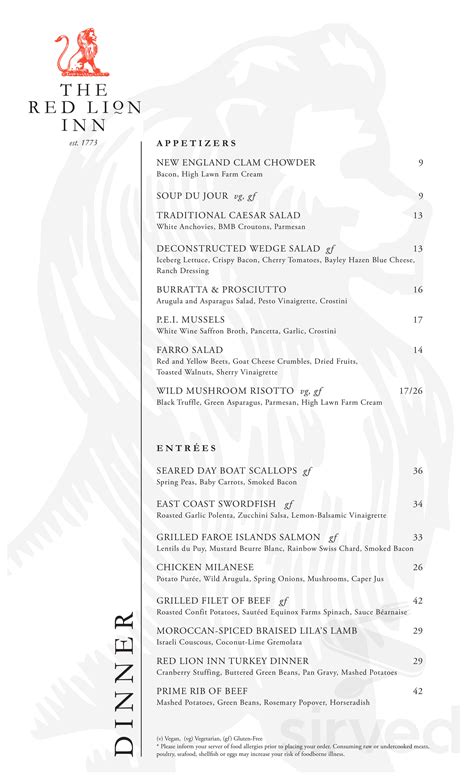 The Red Lion Inn Main Dining Room menu in Stockbridge, Massachusetts