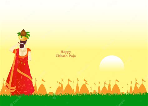 Premium Vector | Chhath Puja vector illustration with kalash in sunset ...