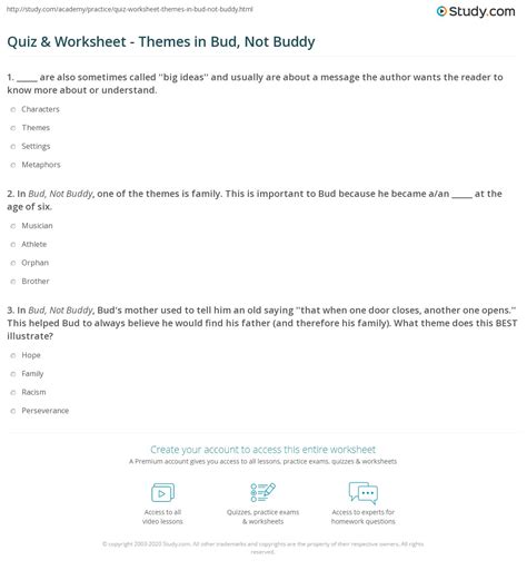 Quiz & Worksheet - Themes in Bud, Not Buddy | Study.com