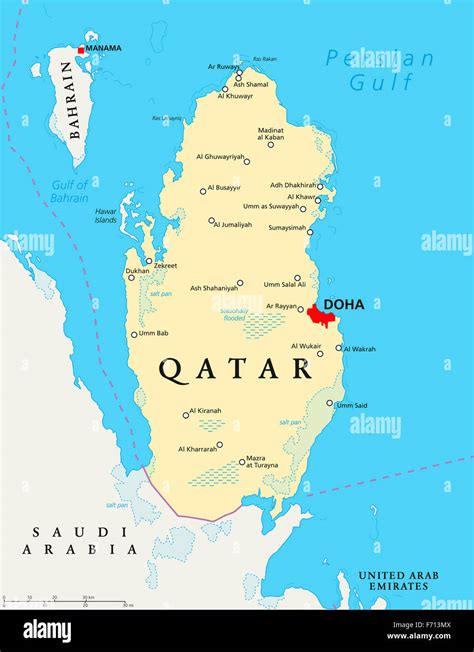 Qatar political map with capital Doha, national borders, important ...