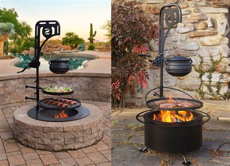 an outdoor bbq grill is shown next to a fire pit with food cooking on it