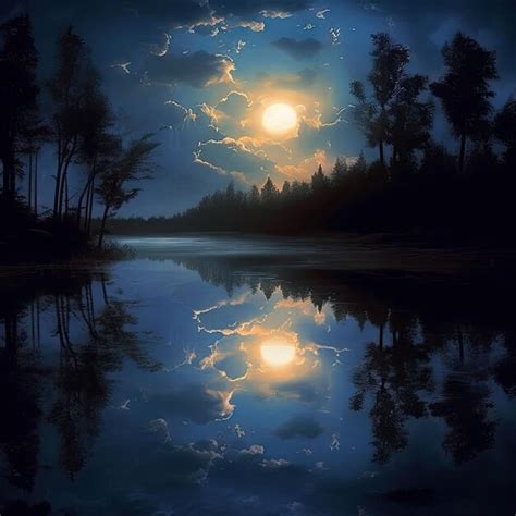 Premium AI Image | Illustration of a night view on a lake with a full moon