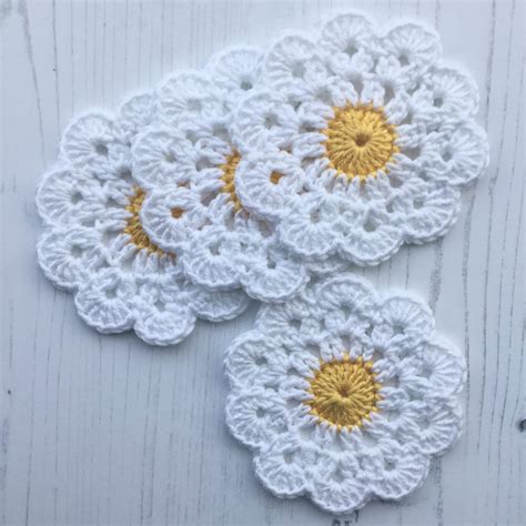 Crochet Daisy Flower Coasters Set of 4 - The British Craft House | Crochet coaster pattern ...