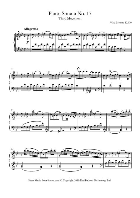 Mozart - Piano Sonata No. 17 in Bb Major, K. 570 3rd Movement Sheet music for Piano - 8notes.com